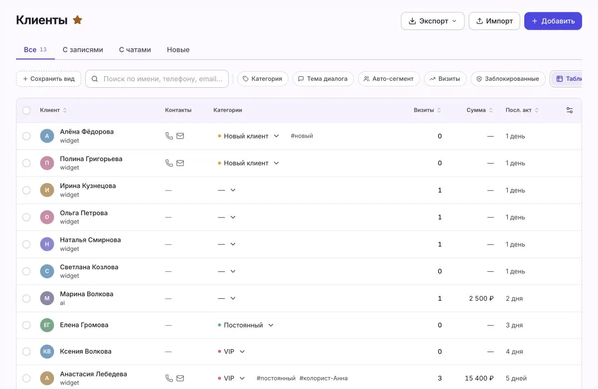 База клиентов NovaLead с сегментами и последними визитами